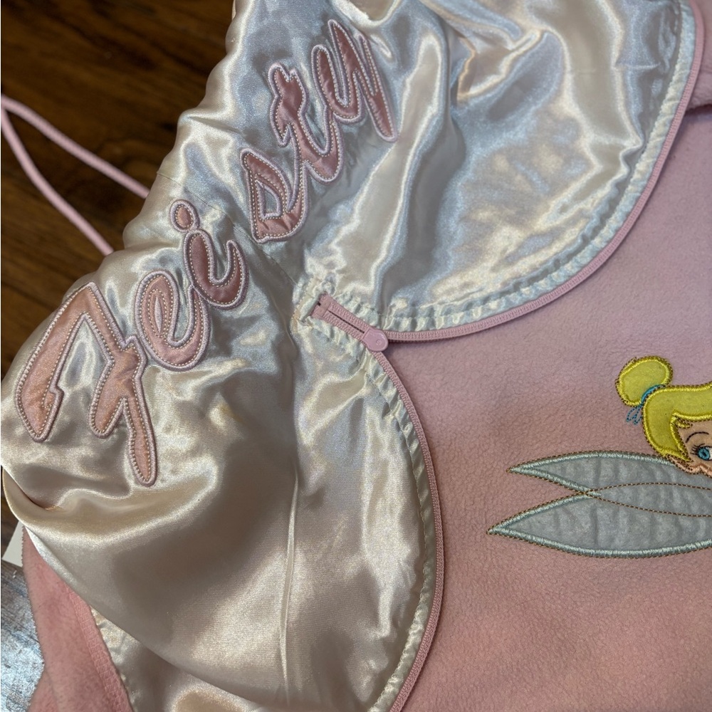 Disney Tinker Bell “Feisty” Pink Fleece Hoodie Women’s Medium Y2K Satin Hood - Picture 10 of 11